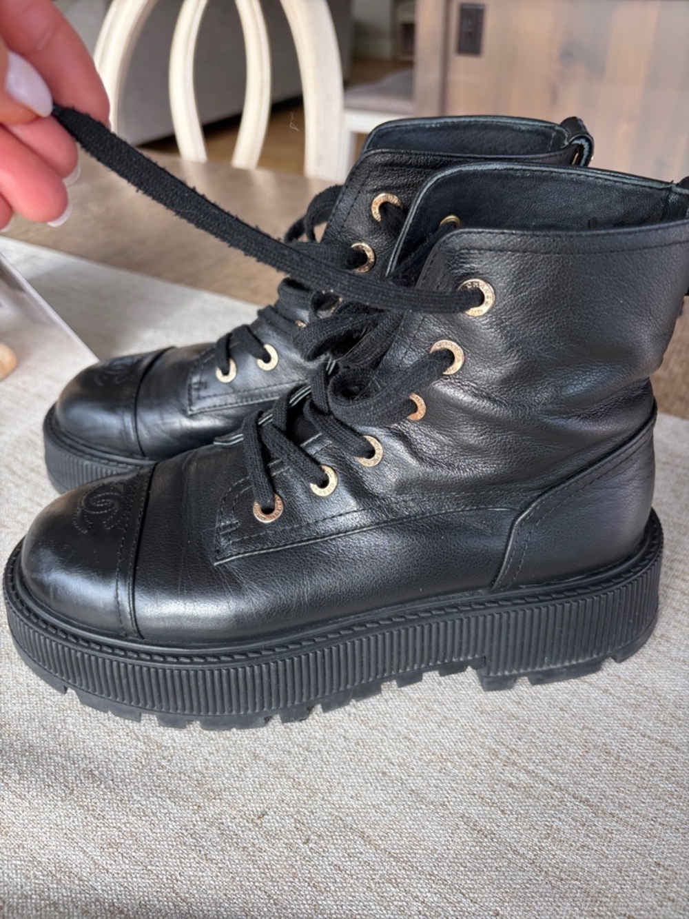 CHANEL Black Leather Lace-Up Platform Boots with Gold Hardware